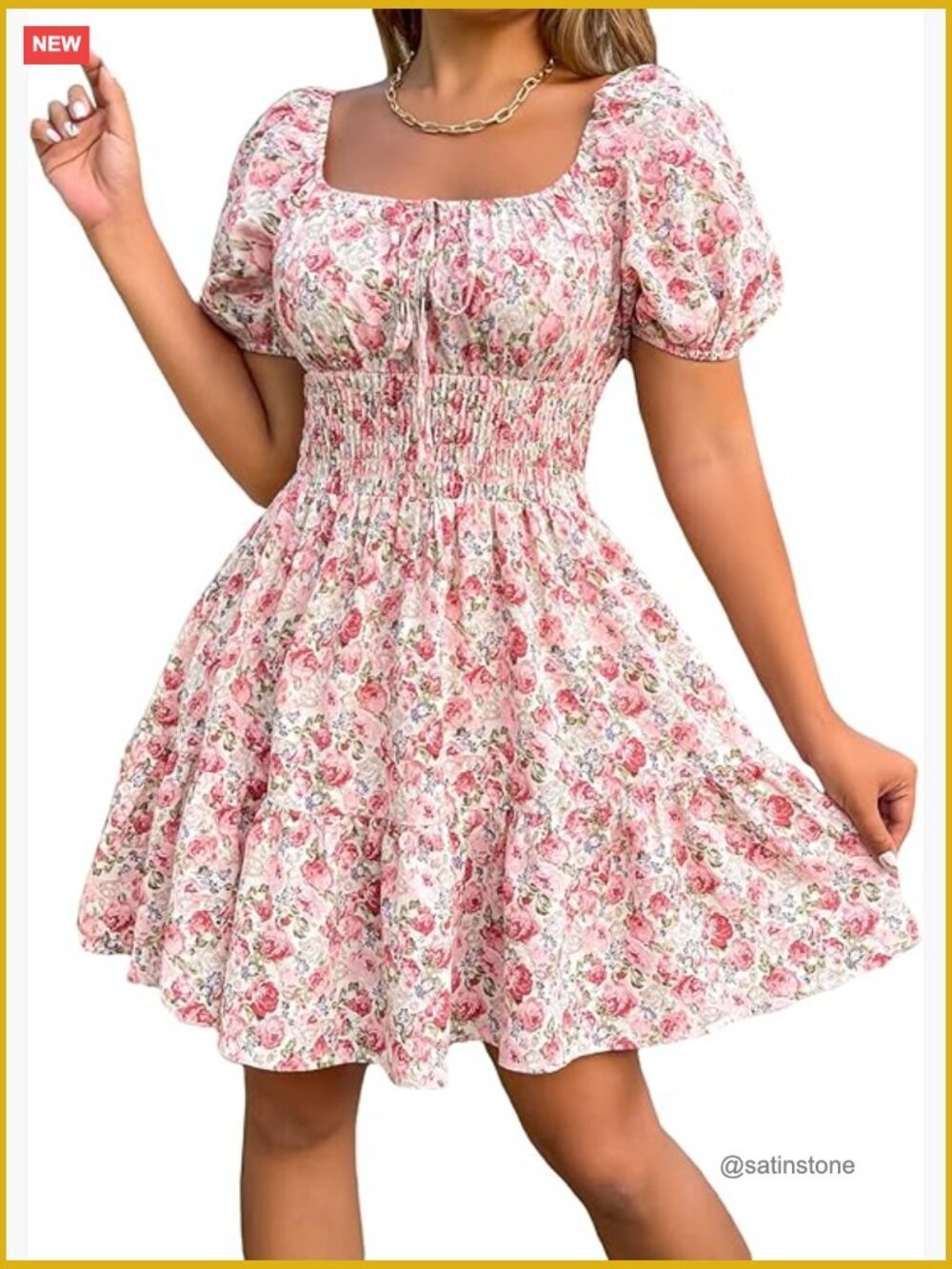 Boho Square Neck Puff Sleeve Self Tie Front A Line Dress